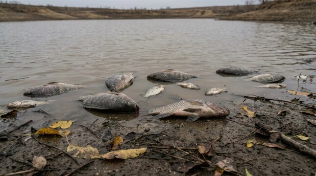Dead fish lying on the muddy shore of a polluted lake