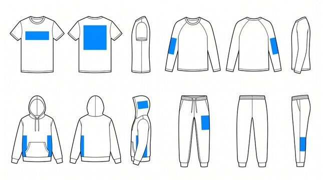 Clothing Mockup Set with Print Placement Templates for T-shirt Hoodie and Sweatpants