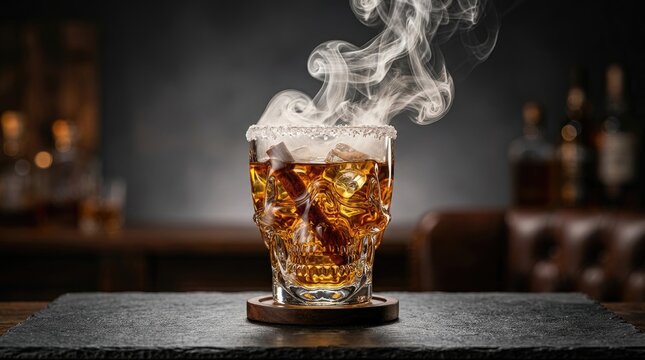 A steaming glass of dark whiskey with ice cubes served on a rustic wooden table for a spooky halloween celebration