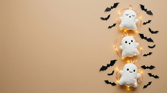 Cute ghost decorations and black paper bats arranged on a beige background for a festive halloween party celebration