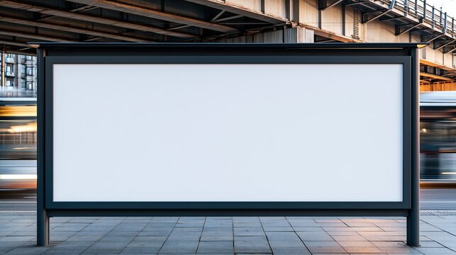 Blank billboard at a bus stop with motion blurred vehicles passing by, urban advertising space