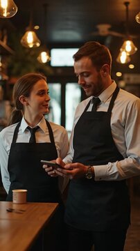 Two baristas wearing uniforms and aprons stand behind the counter in a cozy, modern cafe, engaged in conversation while using a digital device, preparing for their shift.
