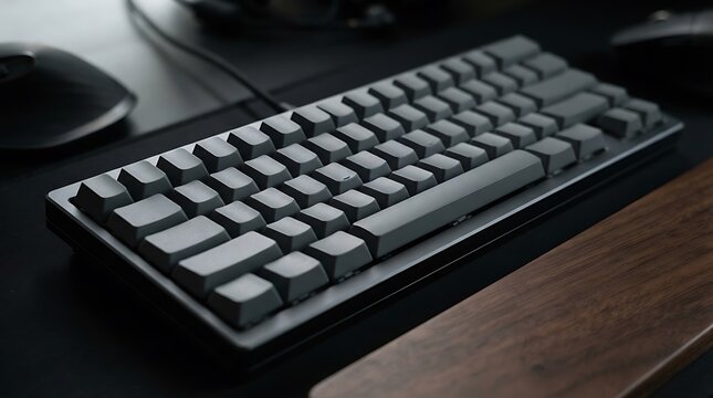 Minimalist dark grey mechanical keyboard on a desk setup