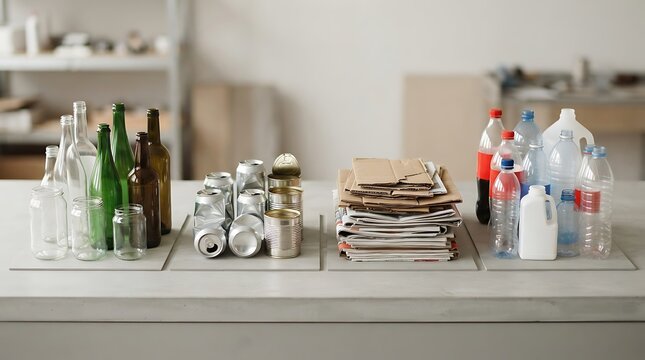 Assorted recyclable materials including glass bottles, metal cans, paper, and plastic bottles