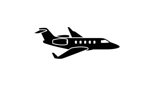 Black private jet airplane silhouette icon.