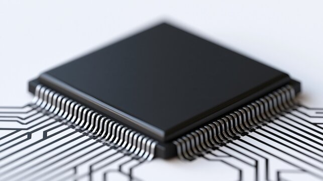Close-up of a black computer microchip integrated circuit on a white background with circuit board traces