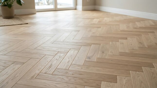 Modern light oak herringbone parquet wooden floor in a bright room