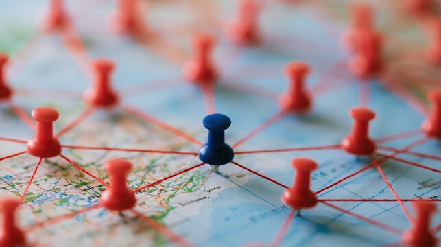 Global network connection concept with red and blue pins linked by red string on a map