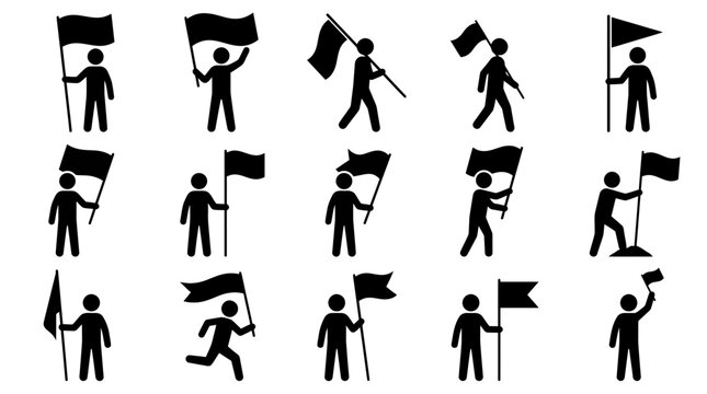 People holding flags silhouette set for protest campaign and celebration