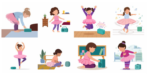 Cute Cartoon Little Girl in Tutu Dancing and Interacting with Wireless Speaker Collection