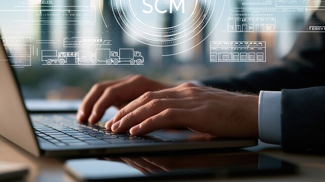 Business professional using laptop to manage supply chain logistics and SCM operations with digital interface