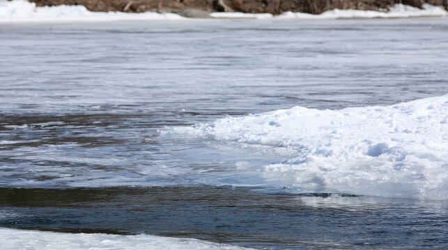 Melting ice on frozen pond with fresh snow during spring thaw, showing dangerous thin ice conditions, seasonal weather changes, hidden hazards, and water safety risks in nature