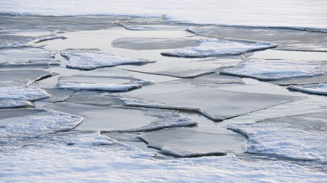 Melting ice on frozen pond with fresh snow during spring thaw, showing dangerous thin ice conditions, seasonal weather changes, hidden hazards, and water safety risks in nature