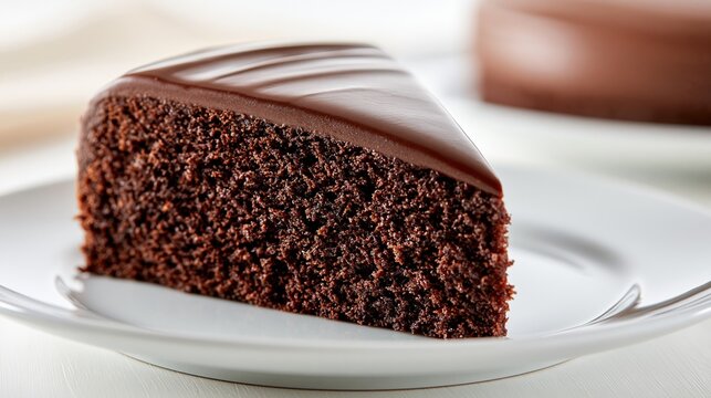 Decadent Slice of Rich Chocolate Cake with Smooth Ganache Frosting on a White Plate