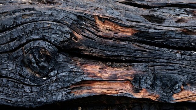 Close up of charred wood grain showing deep cracks and contrasting darkened textures from fire exposure