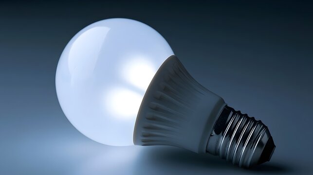 A glowing LED light bulb rests on a dark surface  casting soft blue white illumination and highlighting its textured base