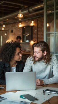 Two Stylish Employees Discussing Work-Related Projects on Computer in Creative Agency in Loft Office. Young Creative Man and Woman Talking About a Corporate Project. vibecoding ai agents