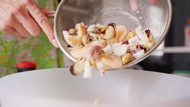 Hands Pour Drained Mixed Seafood into a White Bowl in Kitchen, Close View Shows Fresh Ingredients for Food Preparation Slow motion