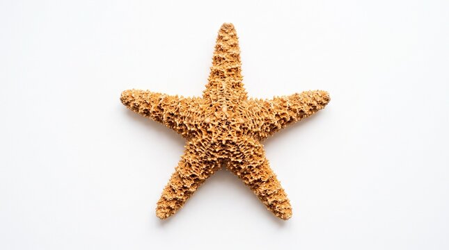 Natural dried starfish on white background, textured orange sea star, marine life specimen for coastal decor and summer themes