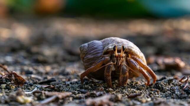 A hermit crab emerges from its shell on sandy ground under natural light  showing detailed claws and eyes