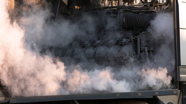 Semi truck engine compartment releasing steam smoke showing mechanical failure, vehicle breakdown, roadside repair, heavy transport maintenance, emergency service needs for commercial transportation