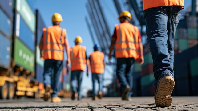 Team of construction workers in hard hats and high-visibility vests walking together at a busy industrial shipping port