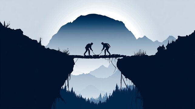 Two businessmen building bridge over cliff gap between mountains, representing business cooperation, teamwork, partnership, leadership, and successful collaboration to overcome challenges
