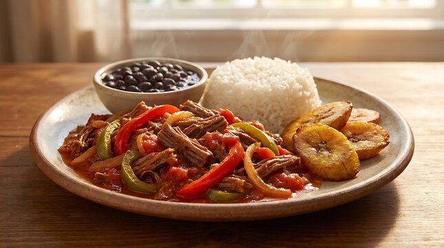 Traditional cuban ropa vieja dish with shredded beef, white rice, black beans and fried plantains. Cambodian Cuisine. Cuban Cuisine