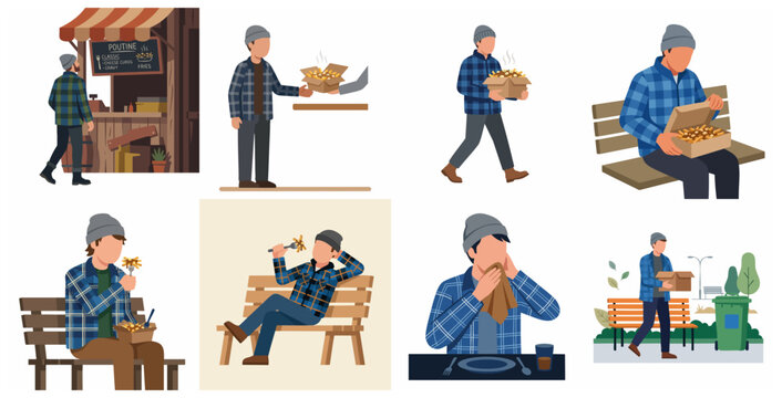 Vector illustration set of a man buying and enjoying traditional Canadian poutine from a street food stall and sitting on a park bench.