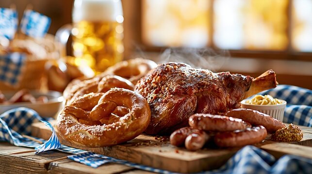 Hearty Oktoberfest Feast: Roasted Pork Knuckle, Sausages, Pretzels, and Beer in Rustic Setting