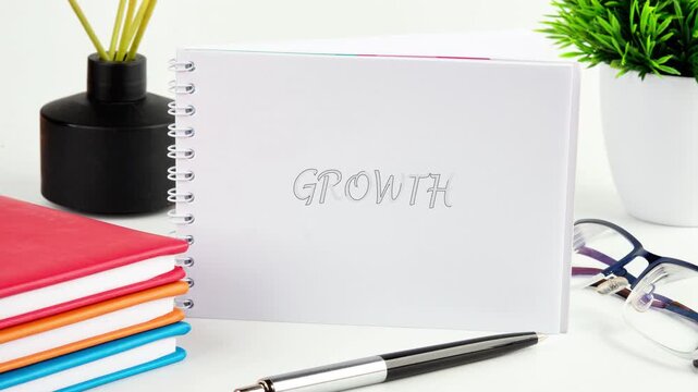 The word growth is revealed on a notepad on a workspace desk with glasses and notebooks. Business expansion concept