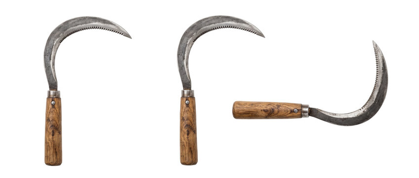 Vintage hand sickle scythe tool set with wooden handle for harvesting crops on black background, rustic agricultural farming equipment, sharp curved blade hook, isolated traditional garden tool.