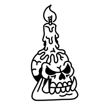 Dark gothic skull with melting candle outline art