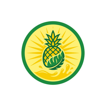 Vibrant pineapple emblem with yellow sun rays in green circle.