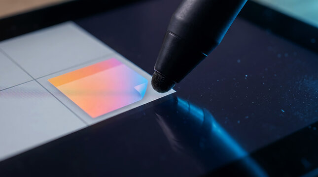 Stylus Pen Dragging Colorful Sticky Note on Digital Whiteboard