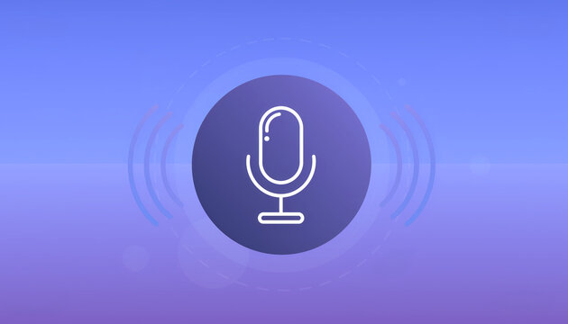 Voice recognition or podcast symbol with microphone icon and sound waves on blue gradient background