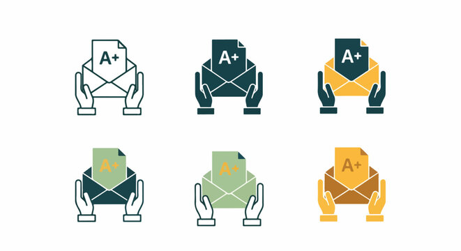 Hands holding letter envelope A plus icon - Glyph and solid icon set - logo icons. Blue, Black and white icons - Icon vector 