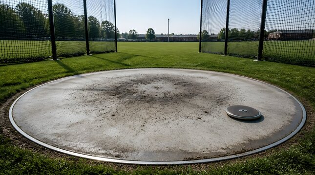 Outdoor track and field throwing circle with safety cage and disk for sports training