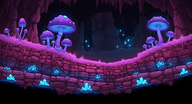 Pixel art fantasy cave landscape with glowing blue mushrooms and purple mossy stone platforms for video games.
