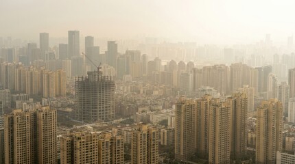 Fototapeta premium Aerial view of a dense city skyline covered in heavy smog and haze