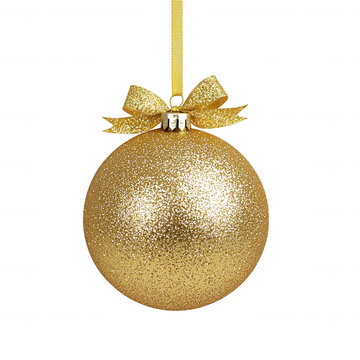 Golden glitter christmas bauble hanging with ribbon and bow symbolizing holiday celebration and festive decoration