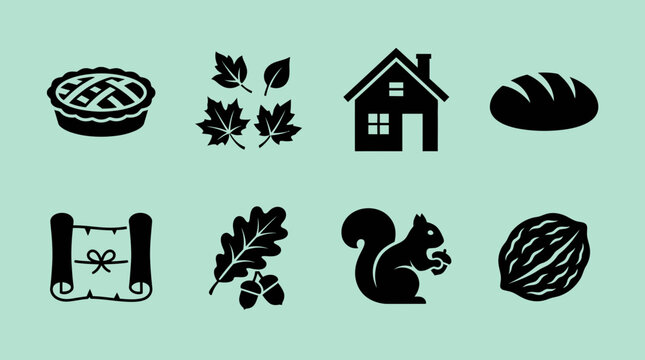 Flat autumn-themed icons include a pie, acorn, house, bread, squirrel, and leaf arranged in a cohesive seasonal design.