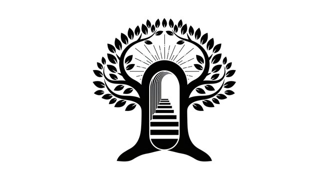 Tree of life logo with arched staircase doorway.