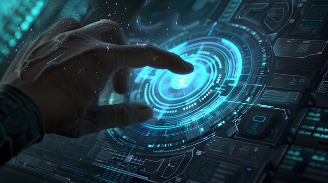 Holographic management interface visualizing future industry strategy, innovation, data, and smart operations