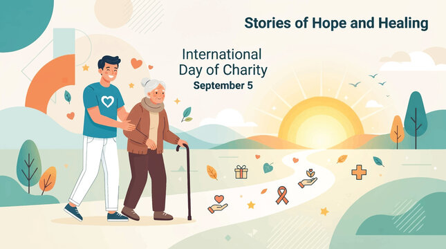 International Day of Charity September 5 Illustration. Caregiver Supporting Elderly Woman Walking. Community Service Volunteer Concept. Hope and Healing Graphic. Flat Vector Art.
