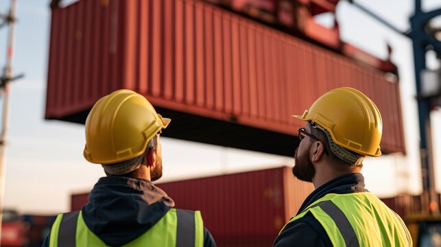 Two male dockworkers in hard hats and safety vests supervise the loading of a large shipping container at a busy port.