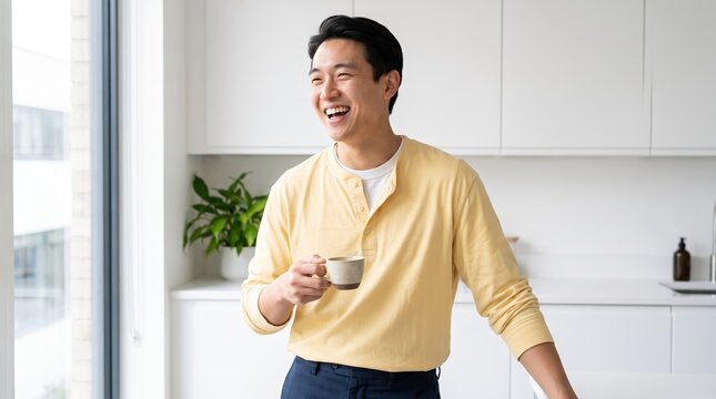 Generative AI, Happy young Asian man laughing with coffee at home in a modern kitchen