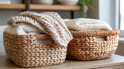 Obraz premium Cozy Woven Baskets Filled with Soft Knitted Blankets and Throws on a Wooden Shelf