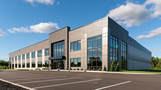 Modern Corporate Office Building Exterior with Large Windows and Ample Parking on a Sunny Day
