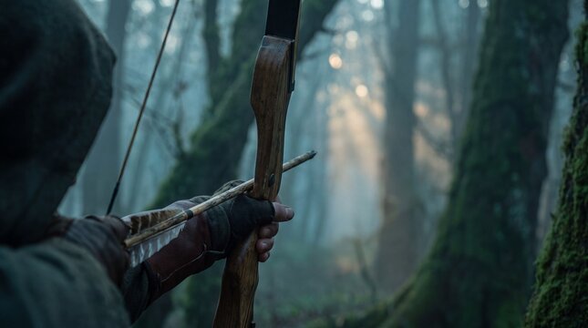 Archer aiming a wooden bow and feathered arrow through the misty morning forest light rays atmosphere